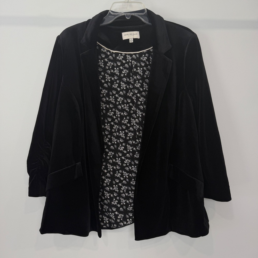 Skies Are Blue Curvy Blk Velvet Blazer 1X Ruched Sleeve Floral Lining Whimsigoth